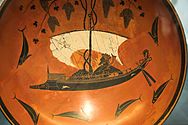 Kylix Dionysus on a ship between dolphins 530 BC, Staatliche Antikensammlungen Munich 120639.jpg
